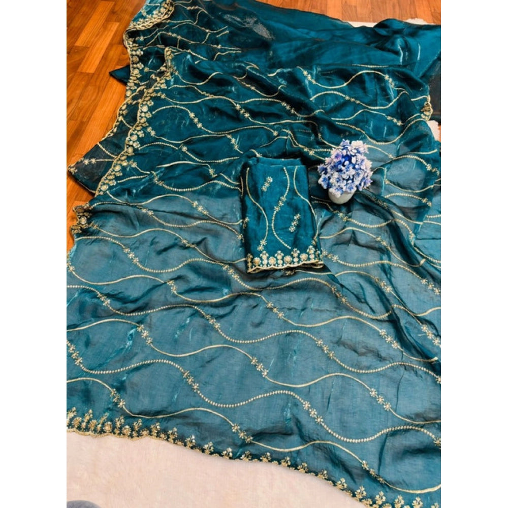 Women's Jimmy Choo Embellished Saree With Unstitched Blouse 5.5 Mtr�(Teal)