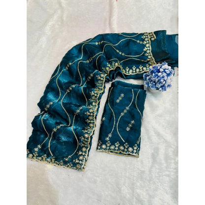 Women's Jimmy Choo Embellished Saree With Unstitched Blouse 5.5 Mtr�(Teal)