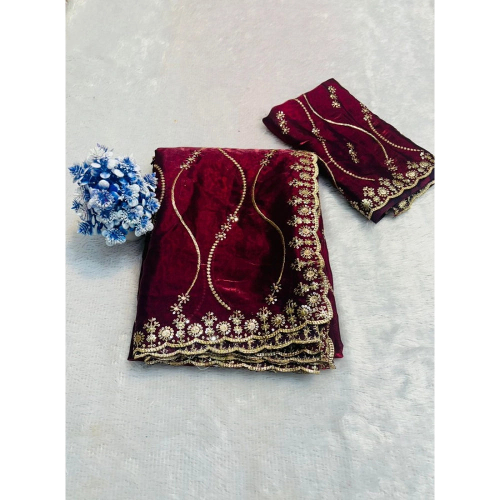 Women's Jimmy Choo Embellished Saree With Unstitched Blouse 5.5 Mtr�(Wine)