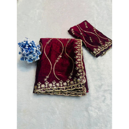 Women's Jimmy Choo Embellished Saree With Unstitched Blouse 5.5 Mtr�(Wine)