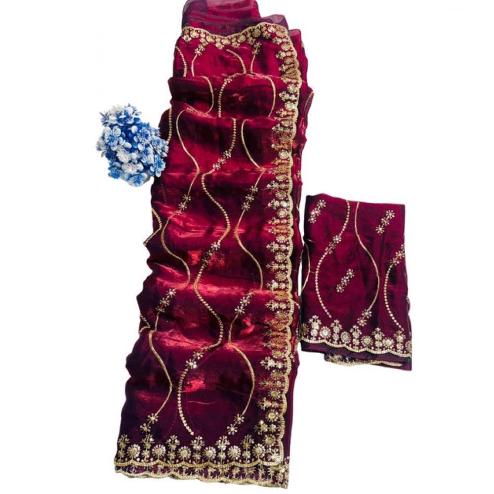 Women's Jimmy Choo Embellished Saree With Unstitched Blouse 5.5 Mtr�(Wine)