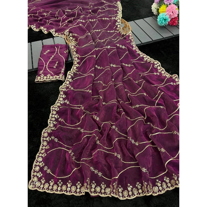 Women's Jimmy Choo Embellished Saree With Unstitched Blouse 5.5 Mtr�(Wine)