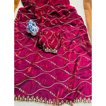 Women's Jimmy Choo Embellished Saree With Unstitched Blouse 5.5 Mtr�(Wine)