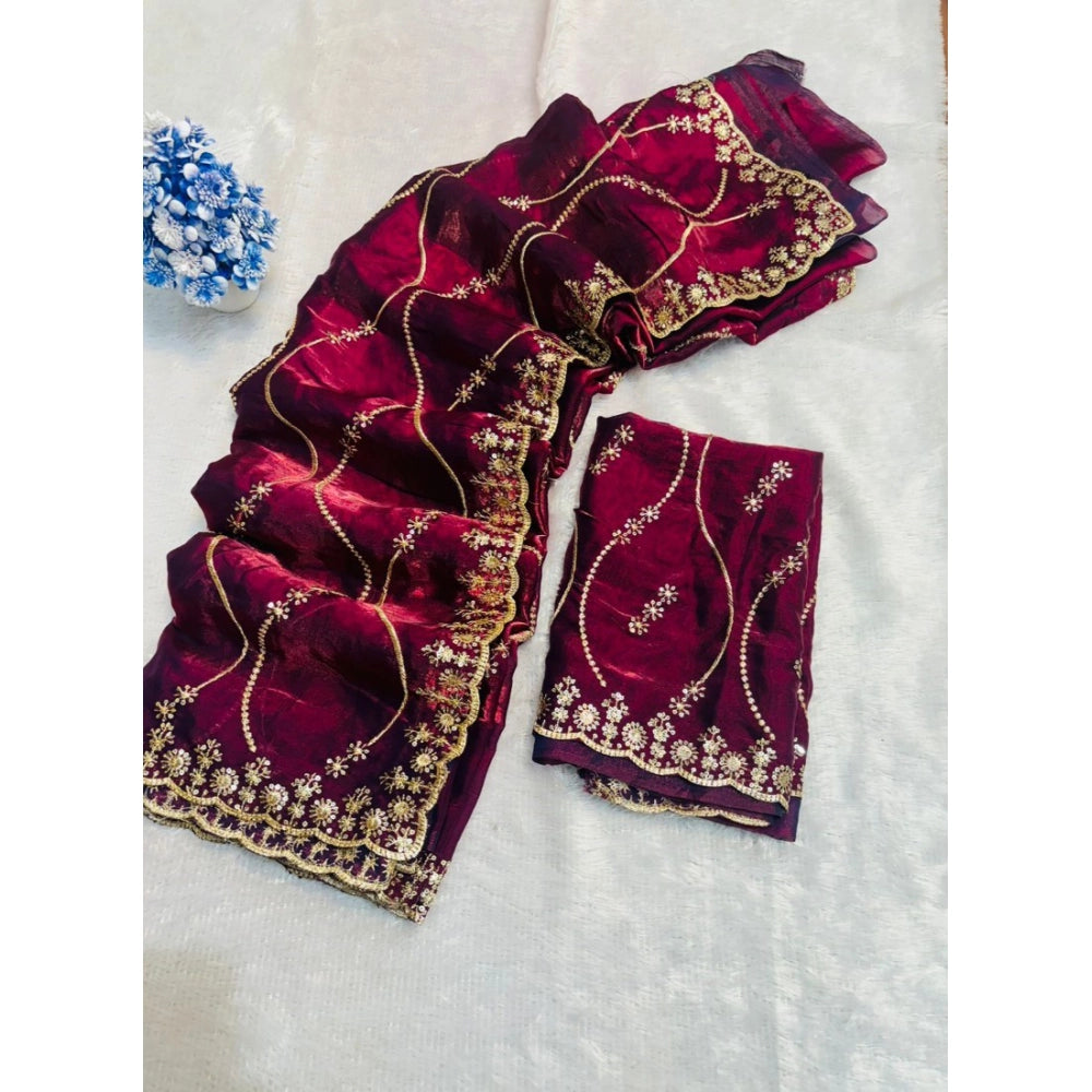 Women's Jimmy Choo Embellished Saree With Unstitched Blouse 5.5 Mtr�(Wine)