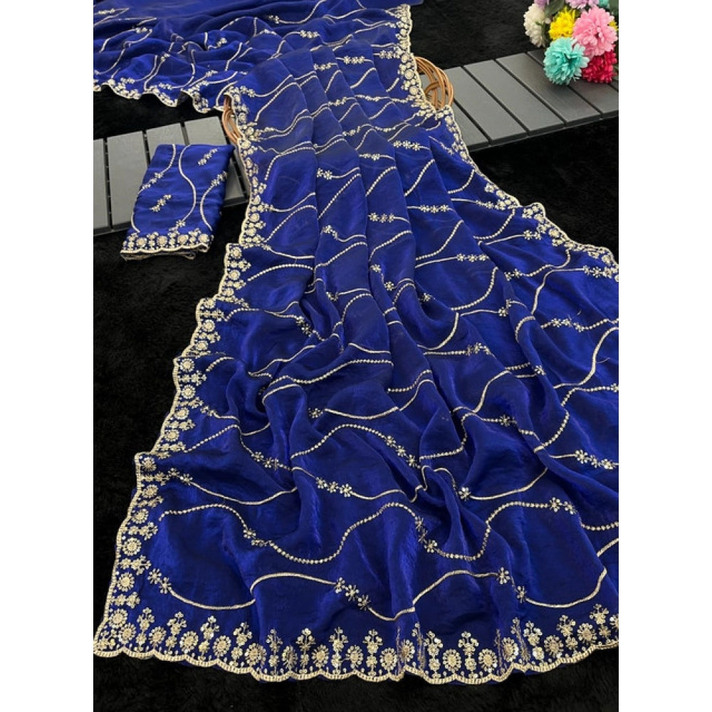 Women's Jimmy Choo Embellished Saree With Unstitched Blouse 5.5 Mtr�(Royal Blue)