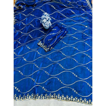 Women's Jimmy Choo Embellished Saree With Unstitched Blouse 5.5 Mtr�(Royal Blue)