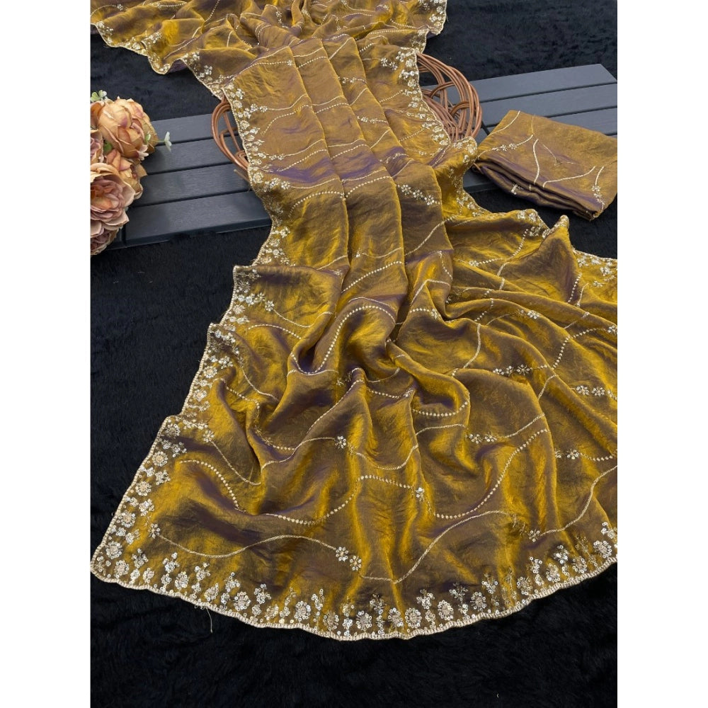 Women's Jimmy Choo Embellished Saree With Unstitched Blouse 5.5 Mtr�(Mustard-Yellow)
