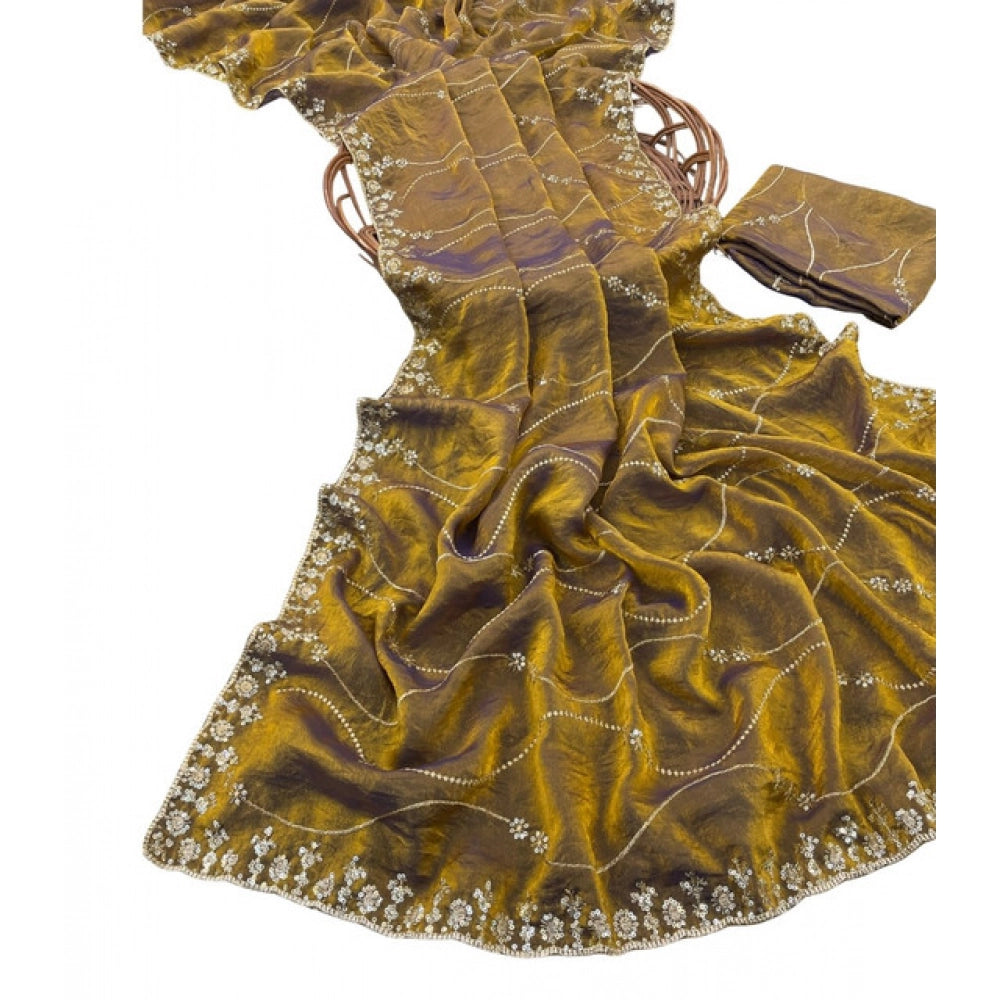 Women's Jimmy Choo Embellished Saree With Unstitched Blouse 5.5 Mtr�(Mustard-Yellow)