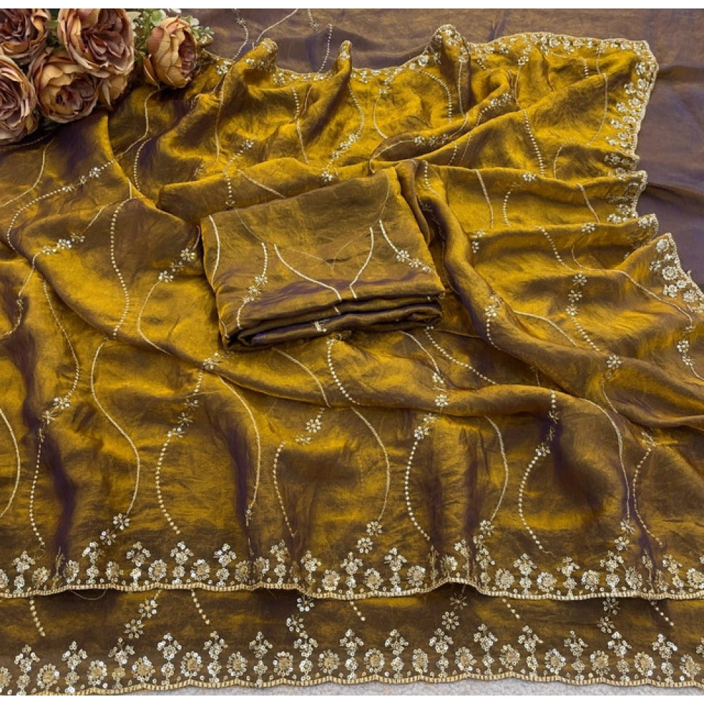 Women's Jimmy Choo Embellished Saree With Unstitched Blouse 5.5 Mtr�(Mustard-Yellow)