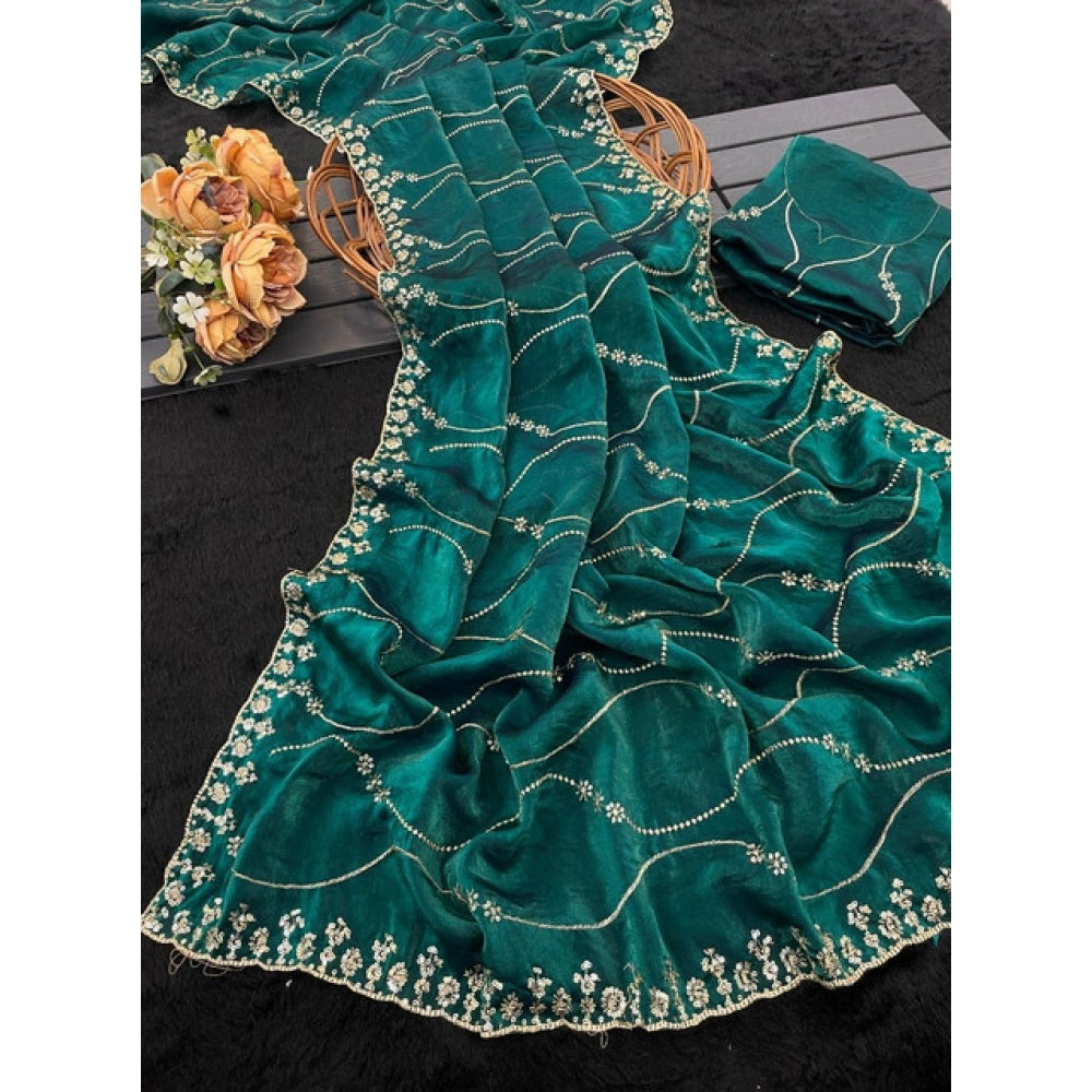 Women's Jimmy Choo Embellished Saree With Unstitched Blouse 5.5 Mtr�(Bottle Green)