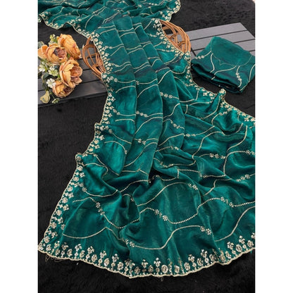 Women's Jimmy Choo Embellished Saree With Unstitched Blouse 5.5 Mtr�(Bottle Green)