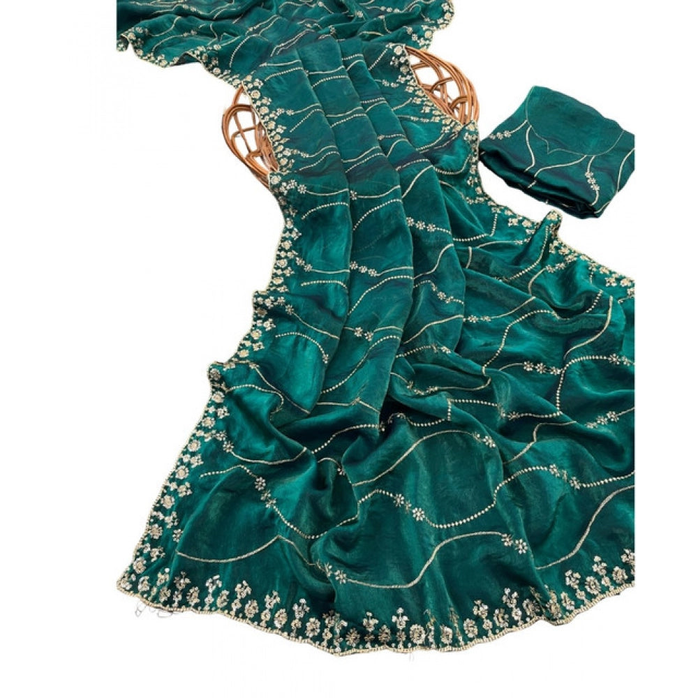Women's Jimmy Choo Embellished Saree With Unstitched Blouse 5.5 Mtr�(Bottle Green)