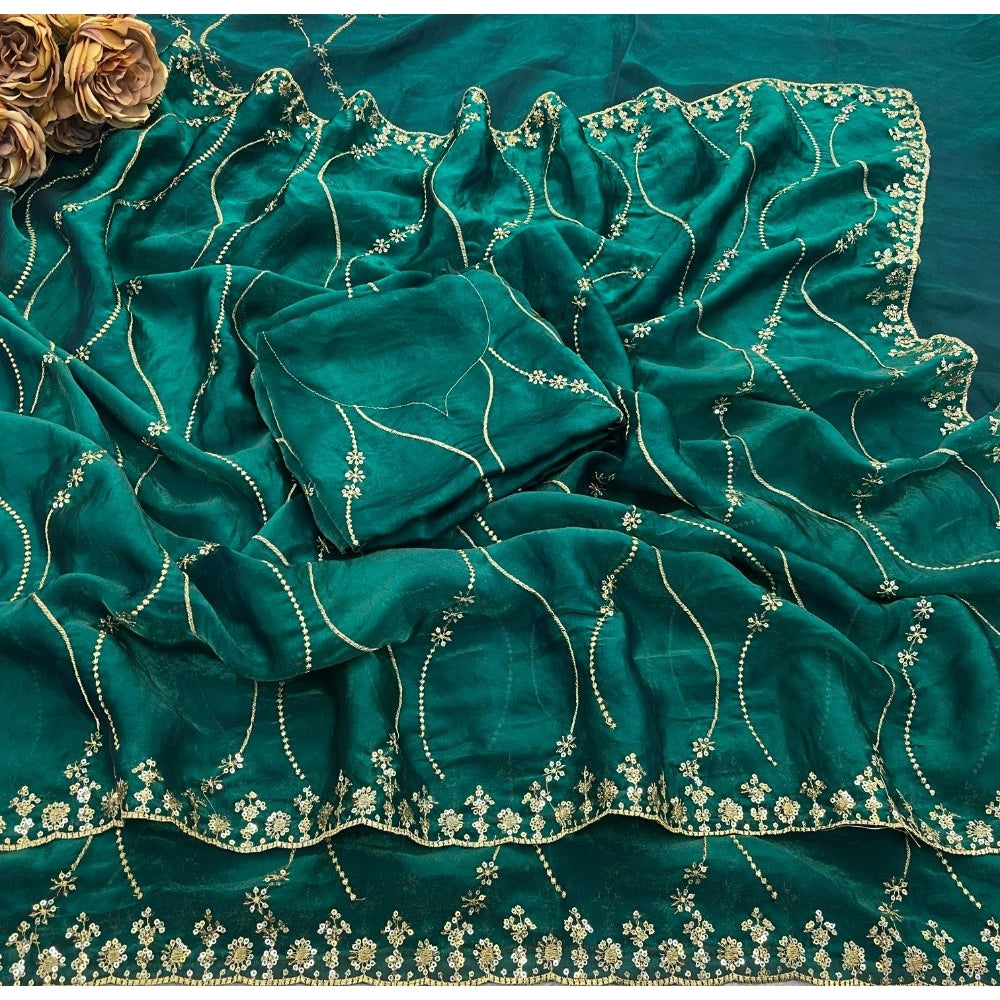 Women's Jimmy Choo Embellished Saree With Unstitched Blouse 5.5 Mtr�(Bottle Green)