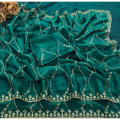 Women's Jimmy Choo Embellished Saree With Unstitched Blouse 5.5 Mtr�(Bottle Green)