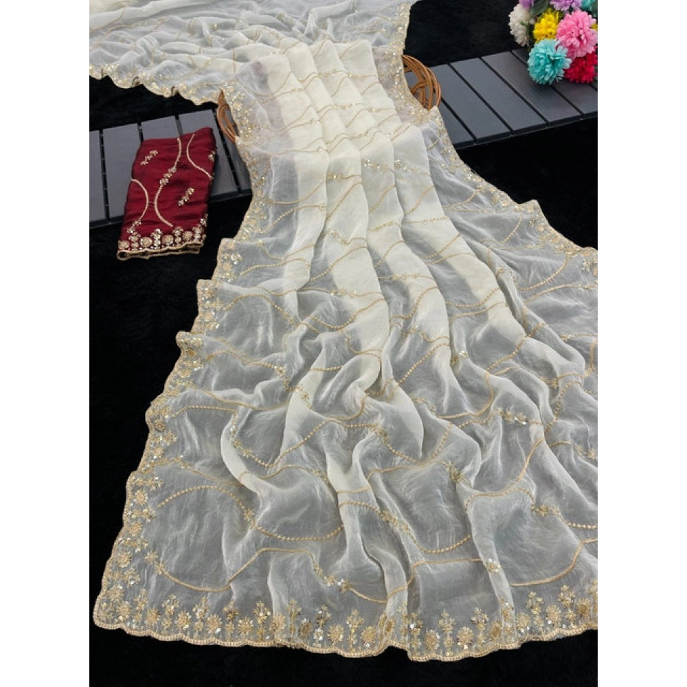 Women's Jimmy Choo Embellished Saree With Unstitched Blouse 5.5 Mtr�(White)
