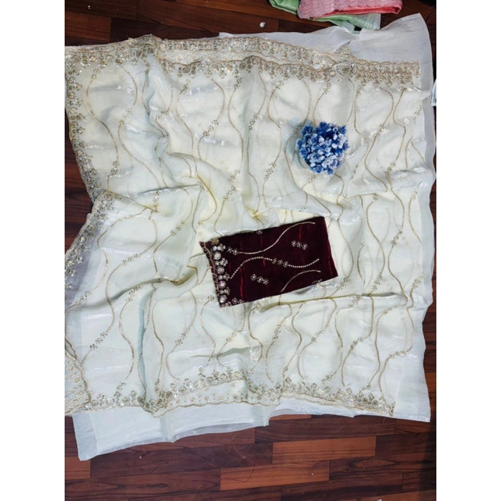 Women's Jimmy Choo Embellished Saree With Unstitched Blouse 5.5 Mtr�(White)