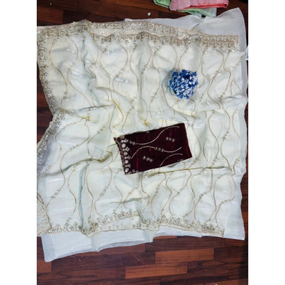 Women's Jimmy Choo Embellished Saree With Unstitched Blouse 5.5 Mtr�(White)
