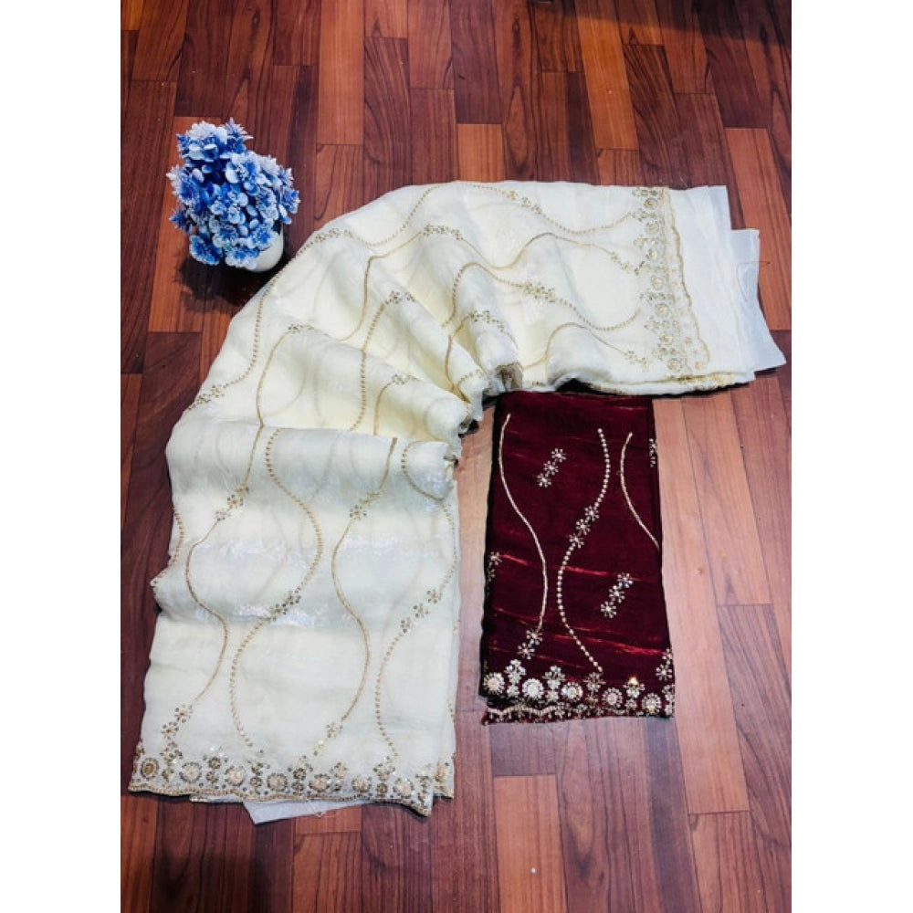 Women's Jimmy Choo Embellished Saree With Unstitched Blouse 5.5 Mtr�(White)