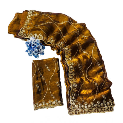 Women's Jimmy Choo Embellished Saree With Unstitched Blouse 5.5 Mtr�(Yellow)