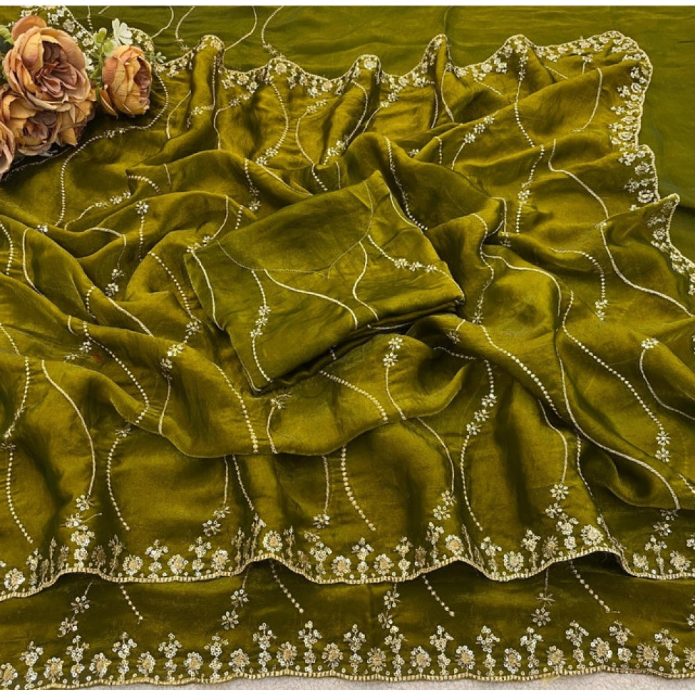 Women's Jimmy Choo Embellished Saree With Unstitched Blouse 5.5 Mtr�(Green)