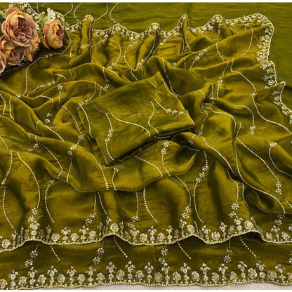 Women's Jimmy Choo Embellished Saree With Unstitched Blouse 5.5 Mtr�(Green)