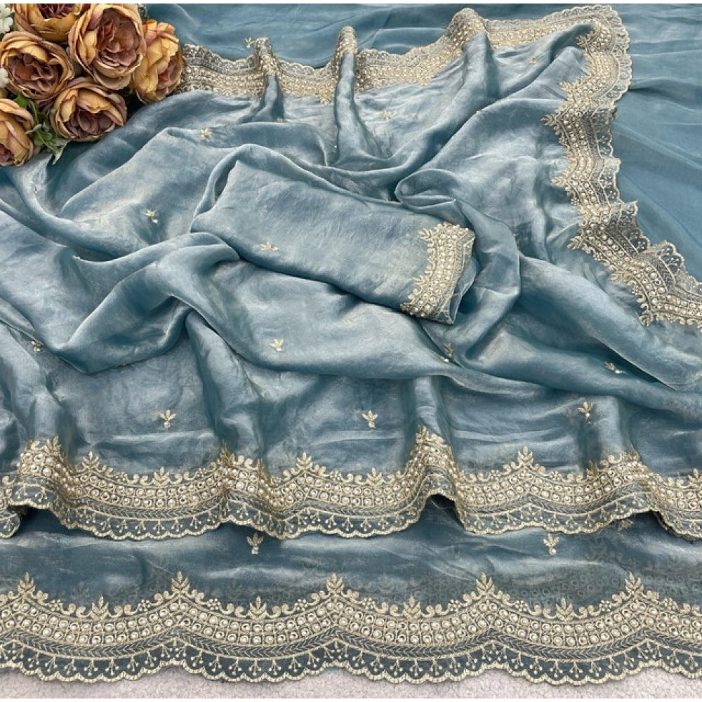 Women's Satin Embellished Saree With Unstitched Blouse 5.5 Mtr�(Blue)