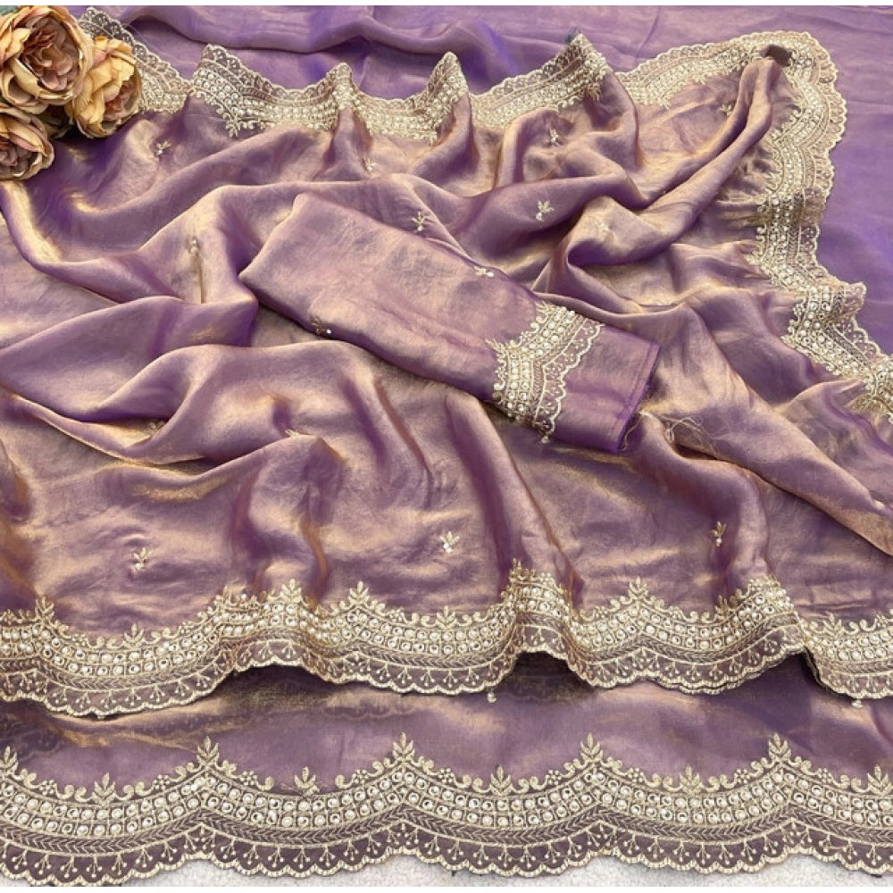 Women's Satin Embellished Saree With Unstitched Blouse 5.5 Mtr�(Lavender)
