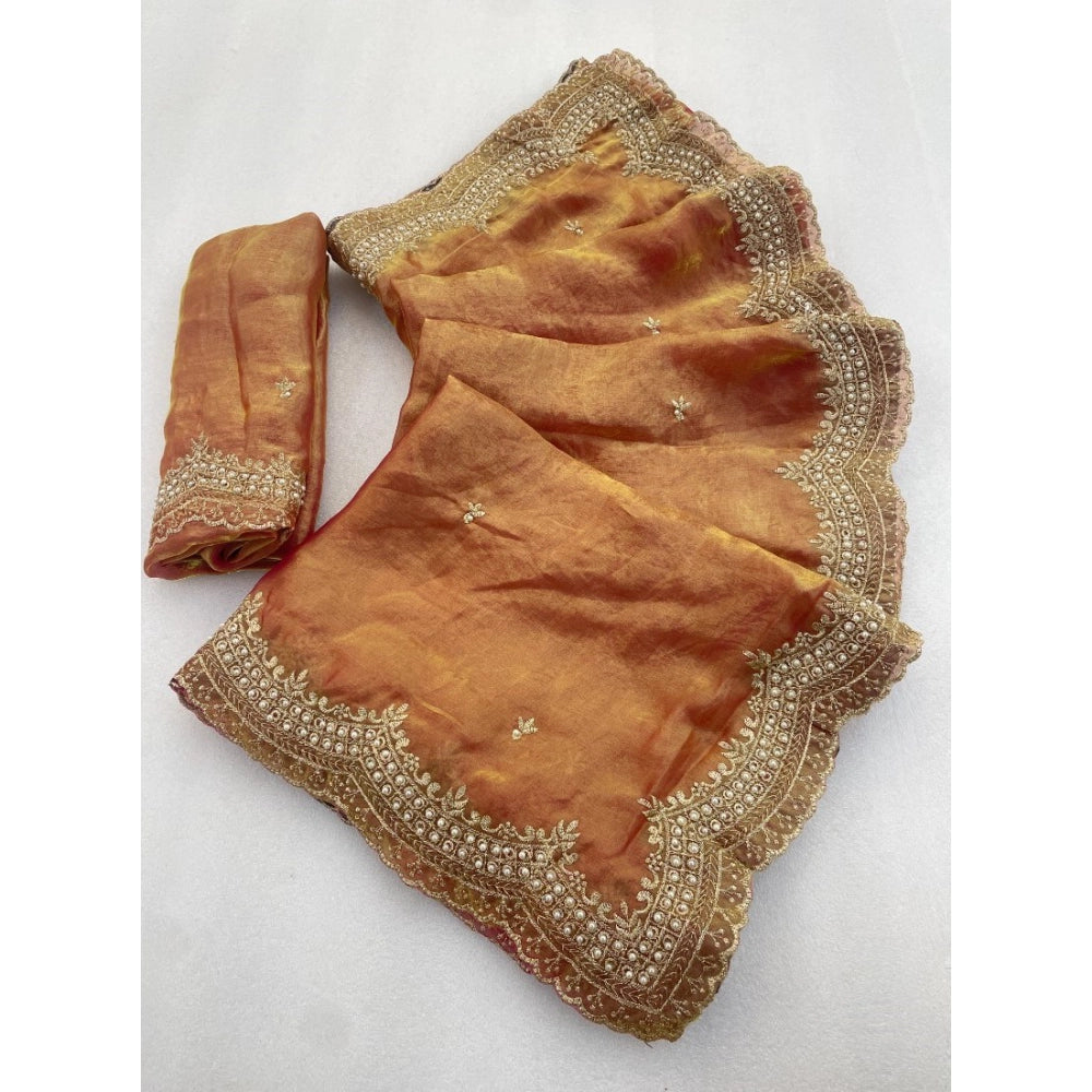 Women's Satin Embellished Saree With Unstitched Blouse 5.5 Mtr�(Orange)