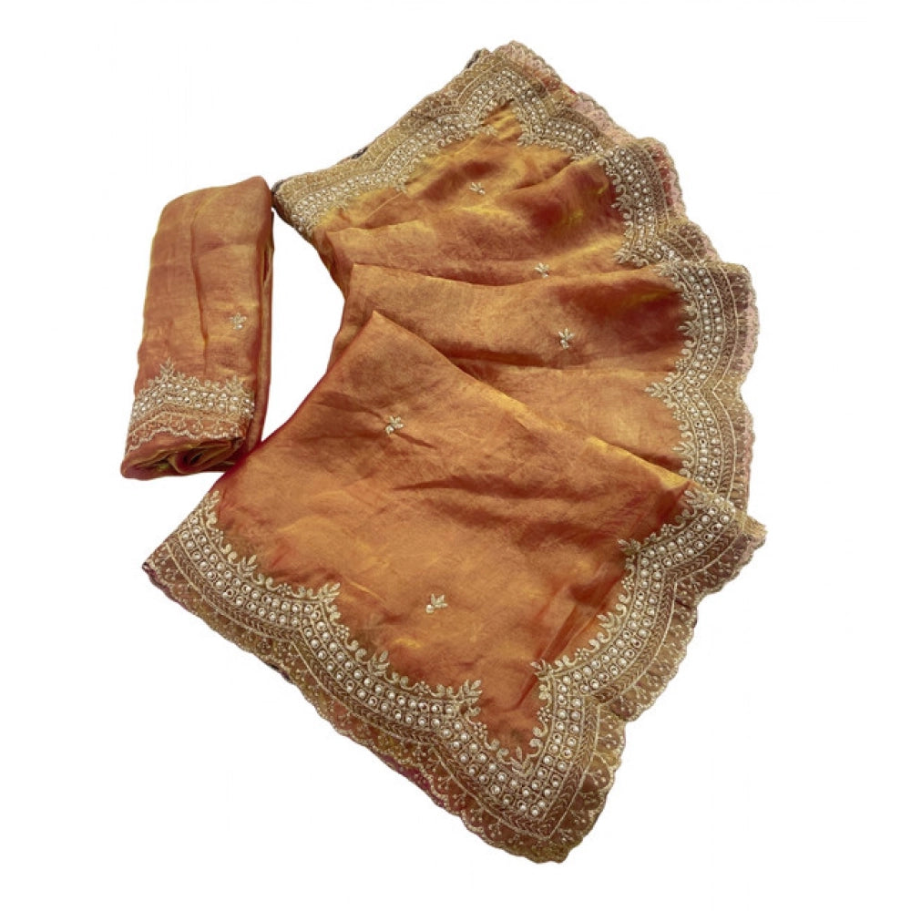 Women's Satin Embellished Saree With Unstitched Blouse 5.5 Mtr�(Orange)