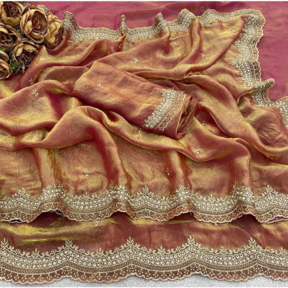Women's Satin Embellished Saree With Unstitched Blouse 5.5 Mtr�(Orange)