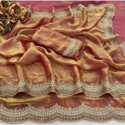 Women's Satin Embellished Saree With Unstitched Blouse 5.5 Mtr�(Orange)