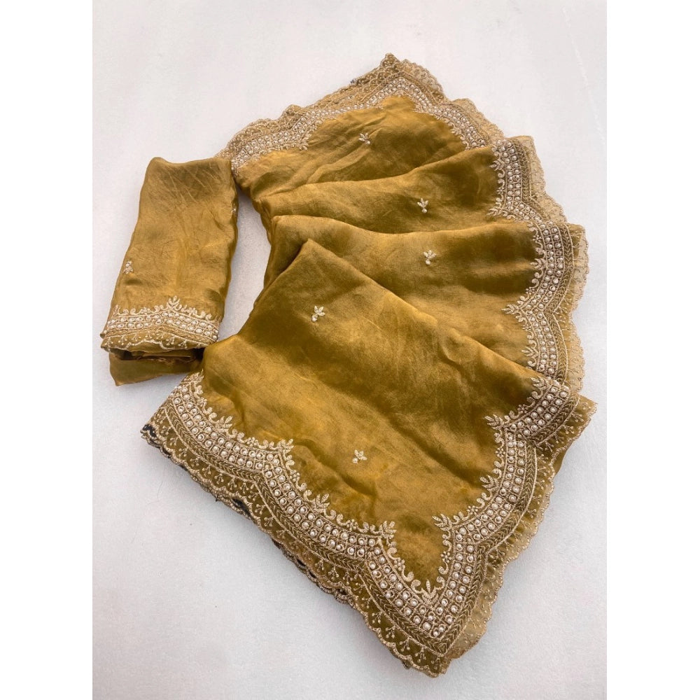 Women's Satin Embellished Saree With Unstitched Blouse 5.5 Mtr�(Olive-Green)
