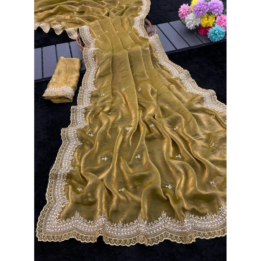 Women's Satin Embellished Saree With Unstitched Blouse 5.5 Mtr�(Olive-Green)
