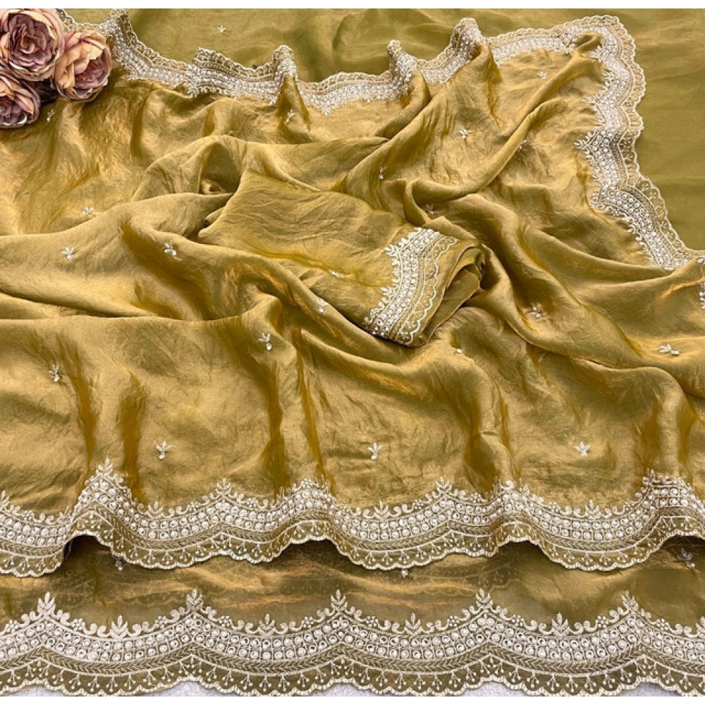 Women's Satin Embellished Saree With Unstitched Blouse 5.5 Mtr�(Olive-Green)