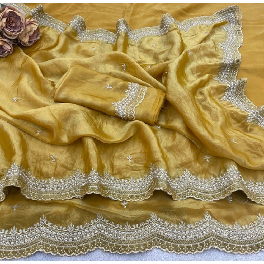 Women's Satin Embellished Saree With Unstitched Blouse 5.5 Mtr�(Mustard-Yellow)