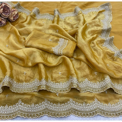 Women's Satin Embellished Saree With Unstitched Blouse 5.5 Mtr�(Mustard-Yellow)