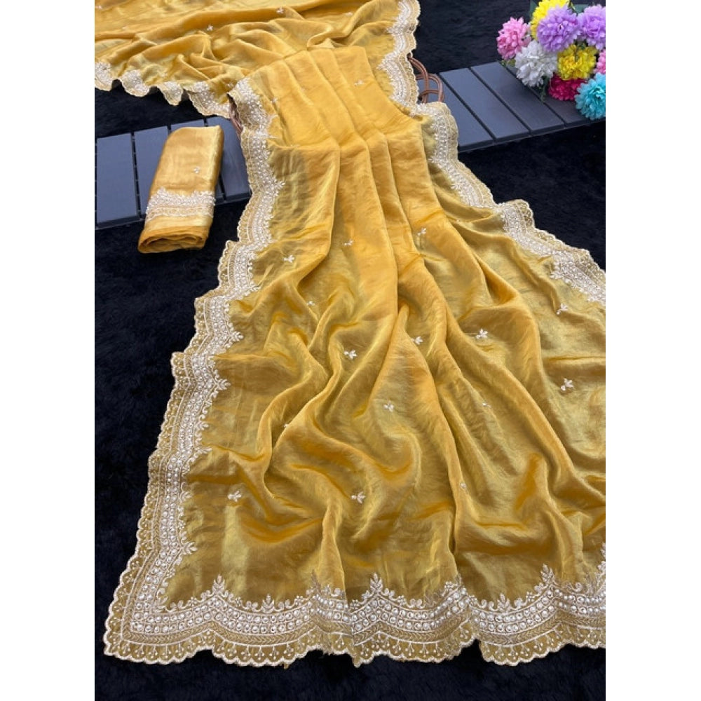 Women's Satin Embellished Saree With Unstitched Blouse 5.5 Mtr�(Mustard-Yellow)