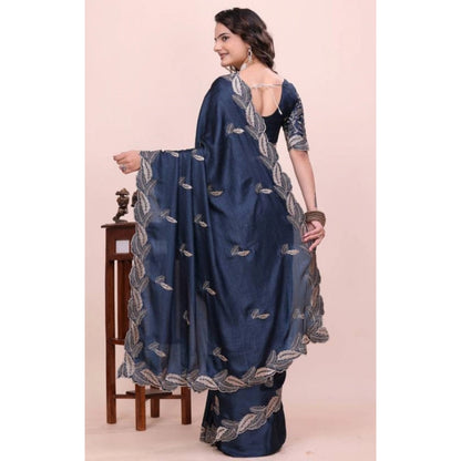 Women's Georgette Embroidered Saree With Unstitched Blouse 5.5 Mtr�(Navy Blue)
