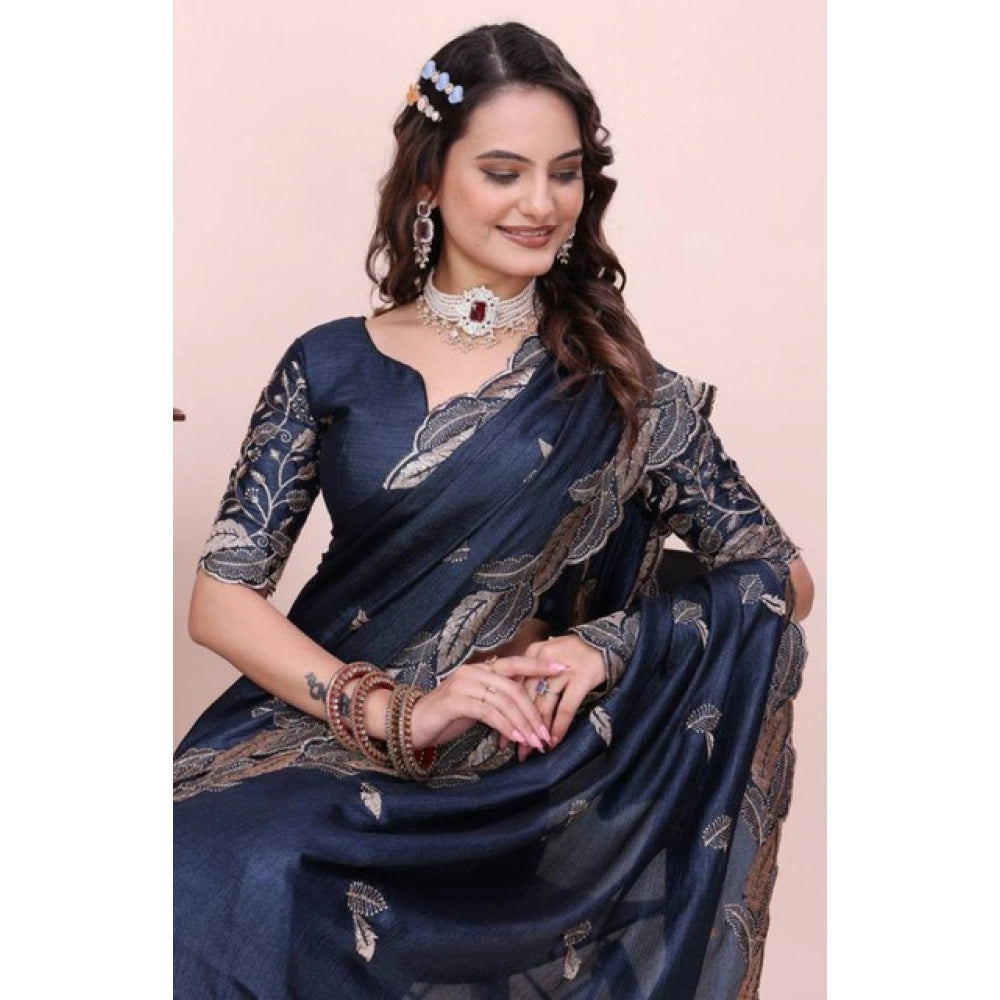 Women's Georgette Embroidered Saree With Unstitched Blouse 5.5 Mtr�(Navy Blue)