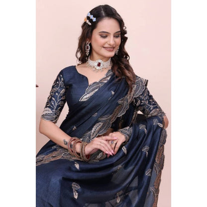 Women's Georgette Embroidered Saree With Unstitched Blouse 5.5 Mtr�(Navy Blue)