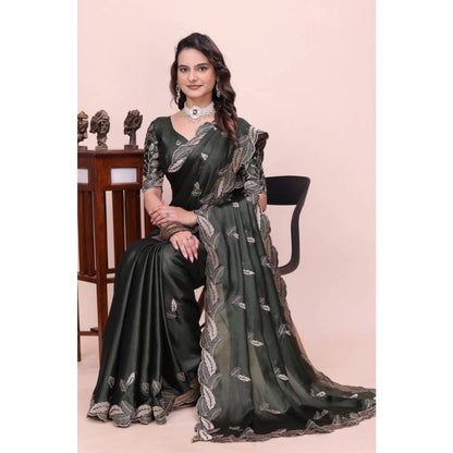 Women's Georgette Embroidered Saree With Unstitched Blouse 5.5 Mtr�(Charcoal Green)