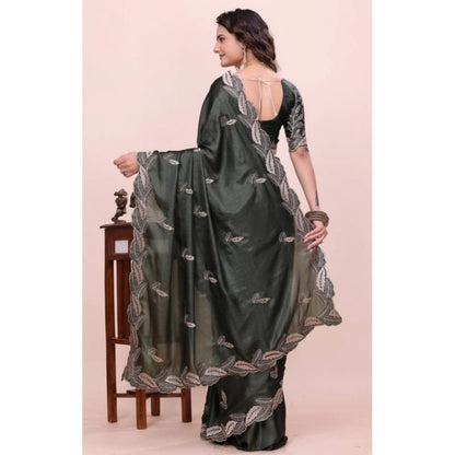 Women's Georgette Embroidered Saree With Unstitched Blouse 5.5 Mtr�(Charcoal Green)