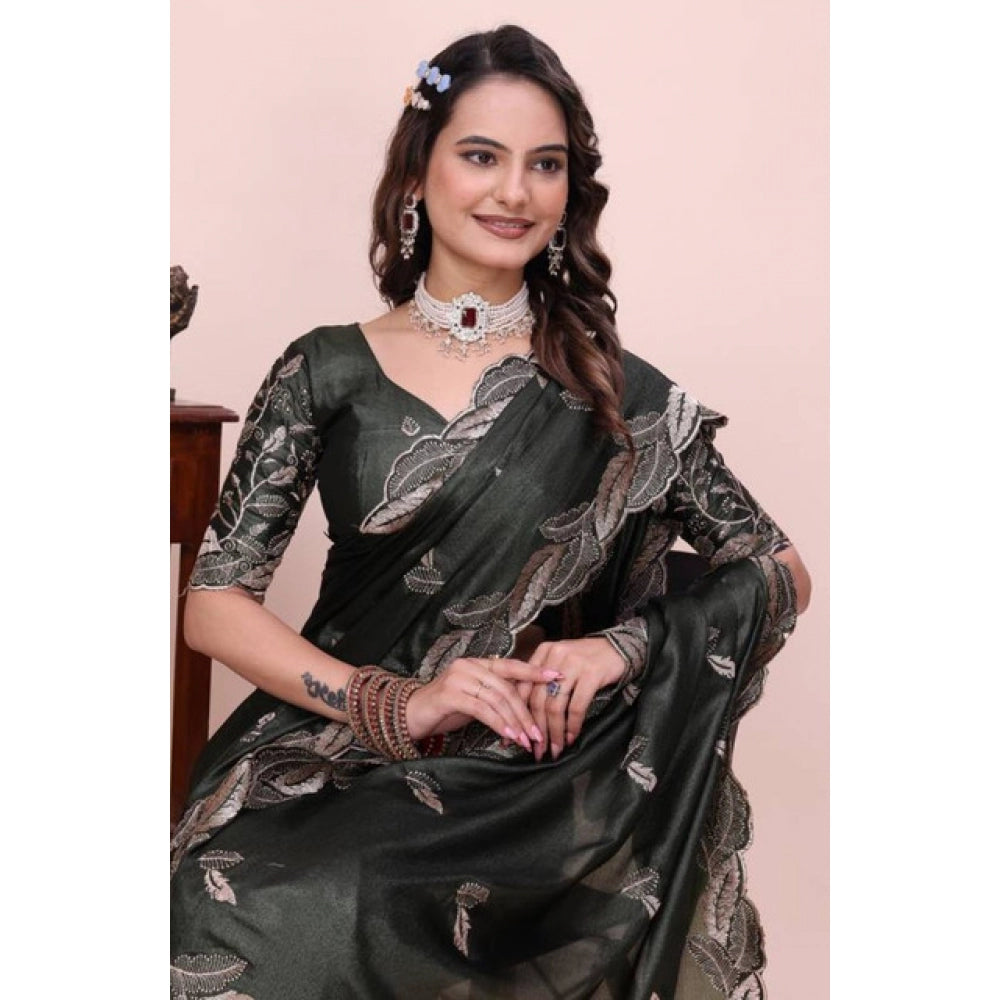Women's Georgette Embroidered Saree With Unstitched Blouse 5.5 Mtr�(Charcoal Green)