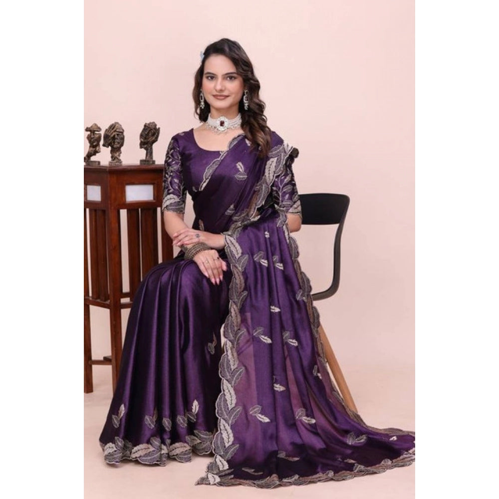 Women's Georgette Embroidered Saree With Unstitched Blouse 5.5 Mtr�(Purple)