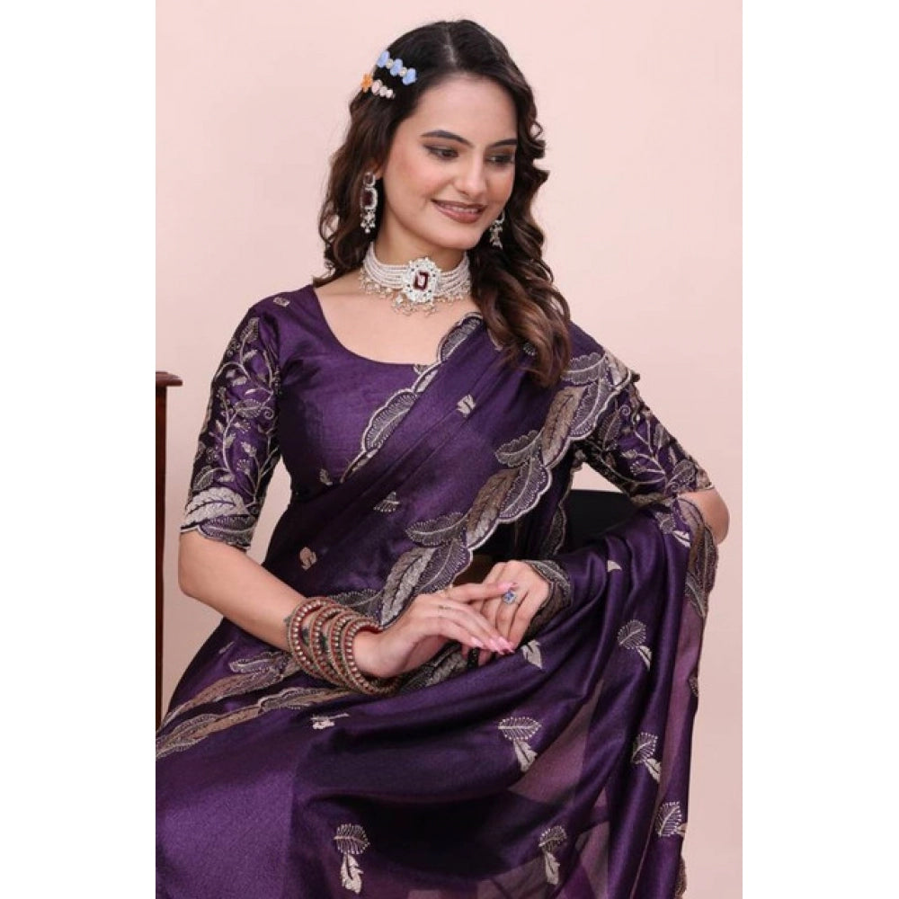 Women's Georgette Embroidered Saree With Unstitched Blouse 5.5 Mtr�(Purple)