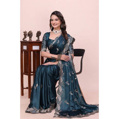 Women's Georgette Embroidered Saree With Unstitched Blouse 5.5 Mtr�(Teal)