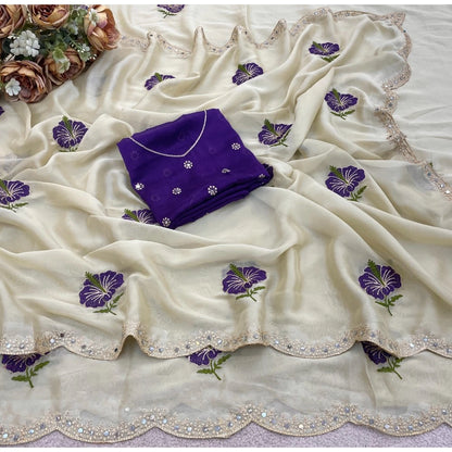 Women's Georgette Embellished Saree With Unstitched Blouse 5.5 Mtr�(Off-White)