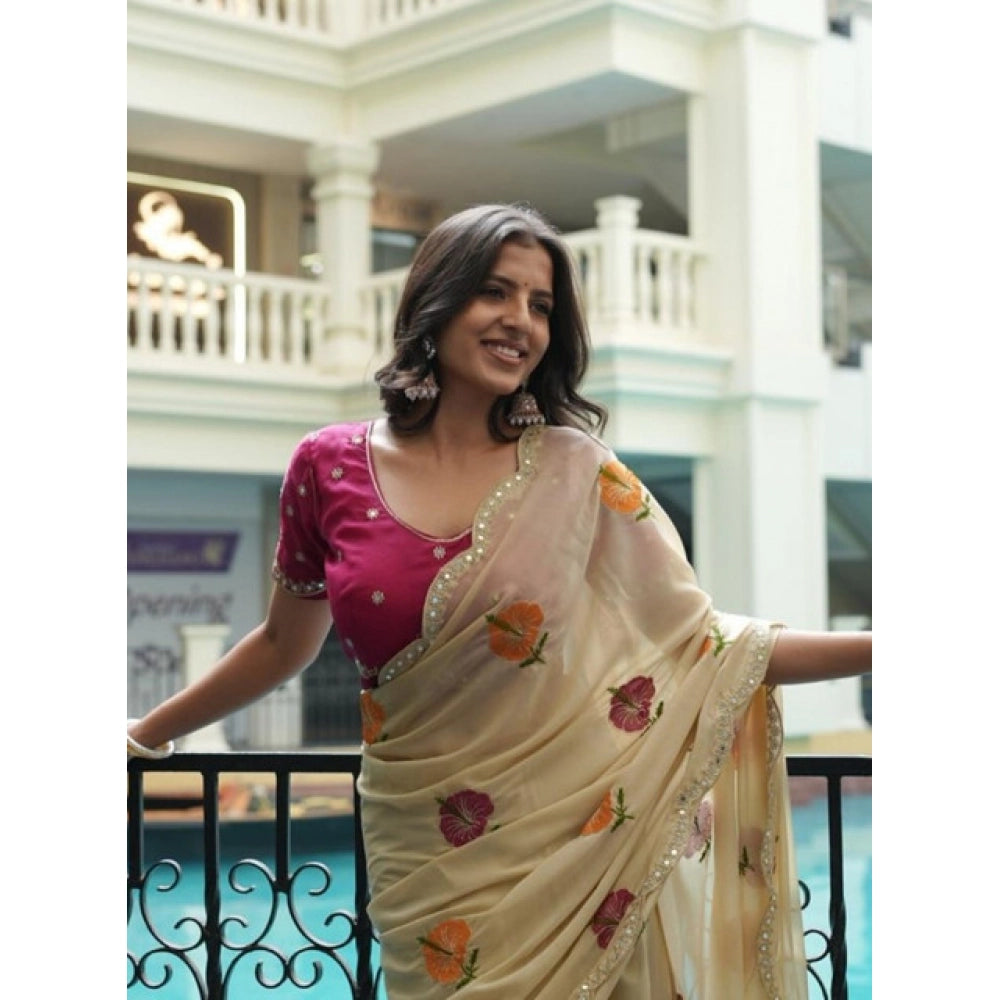 Women's Georgette Embellished Saree With Unstitched Blouse 5.5 Mtr�(Cream-Pink)
