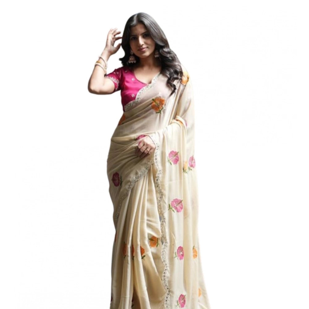 Women's Georgette Embellished Saree With Unstitched Blouse 5.5 Mtr�(Cream-Pink)