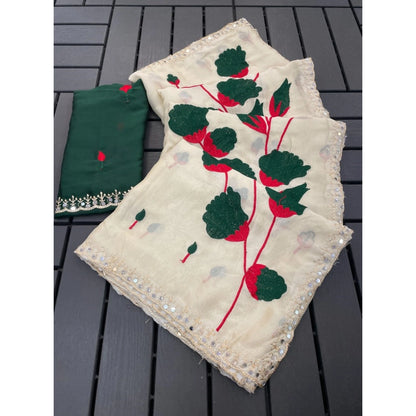 Women's Georgette Embellished Saree With Unstitched Blouse 5.5 Mtr�(Cream-Green)